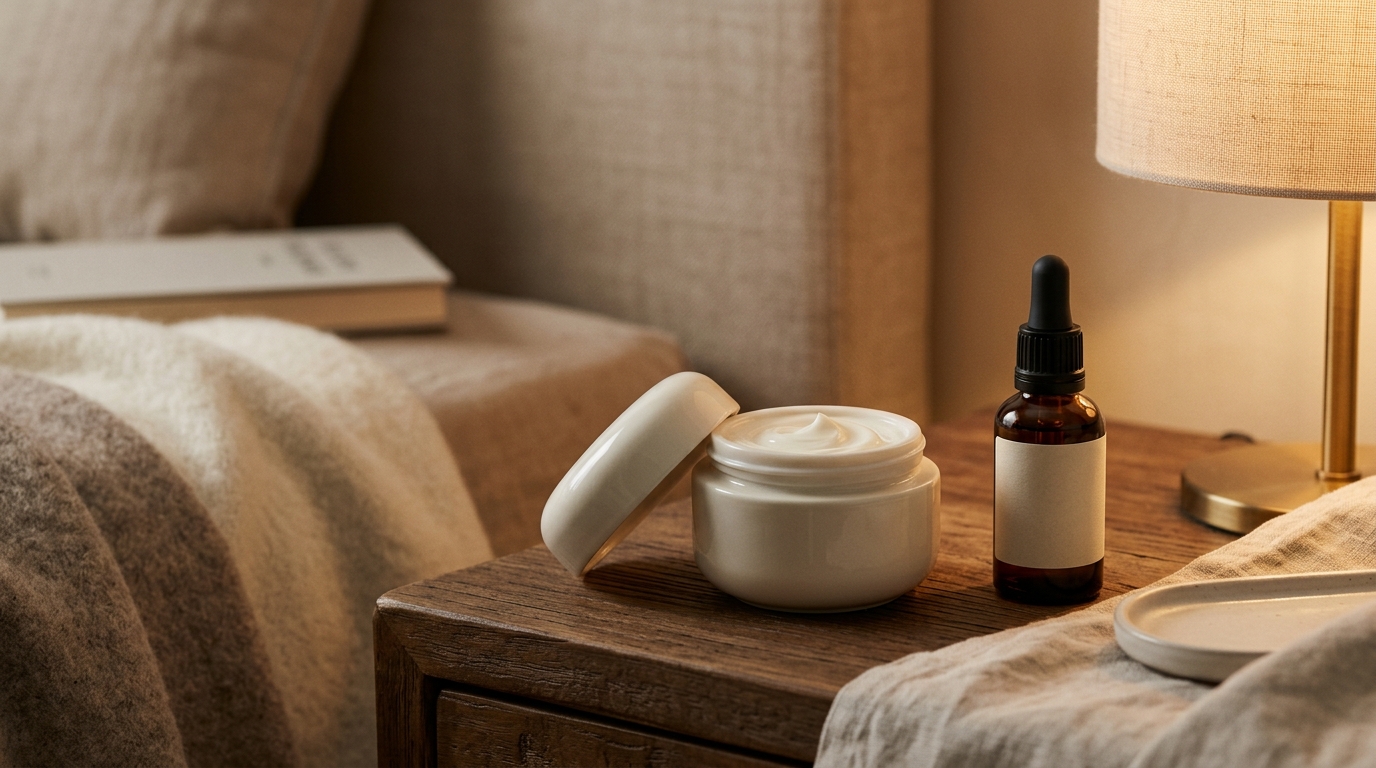Luxurious night cream jar and amber dropper on cozy evening nightstand