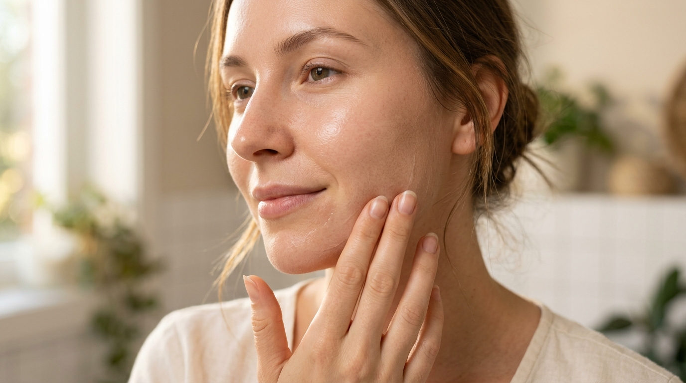 Delicate fingers blending lightweight facial sunscreen seamlessly into radiant cheek