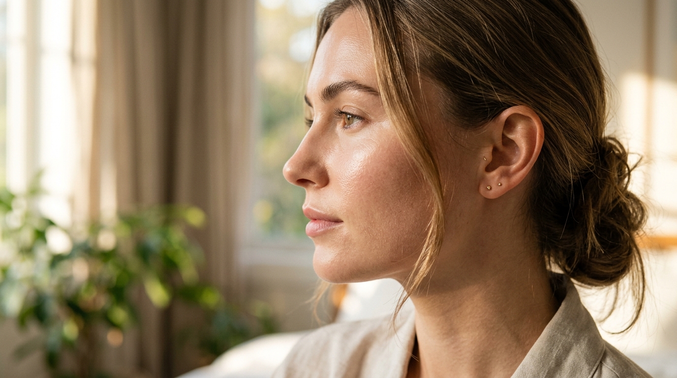 Profile of woman with radiant luminous skin in morning sunshine